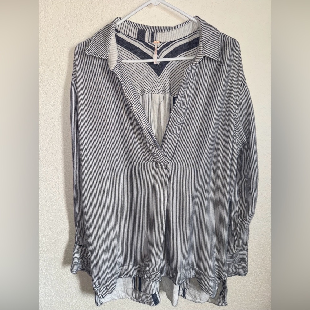 Free People Striped Relaxed Fit V Neck Collared Long Sleeve Tunic Blue Sz Large